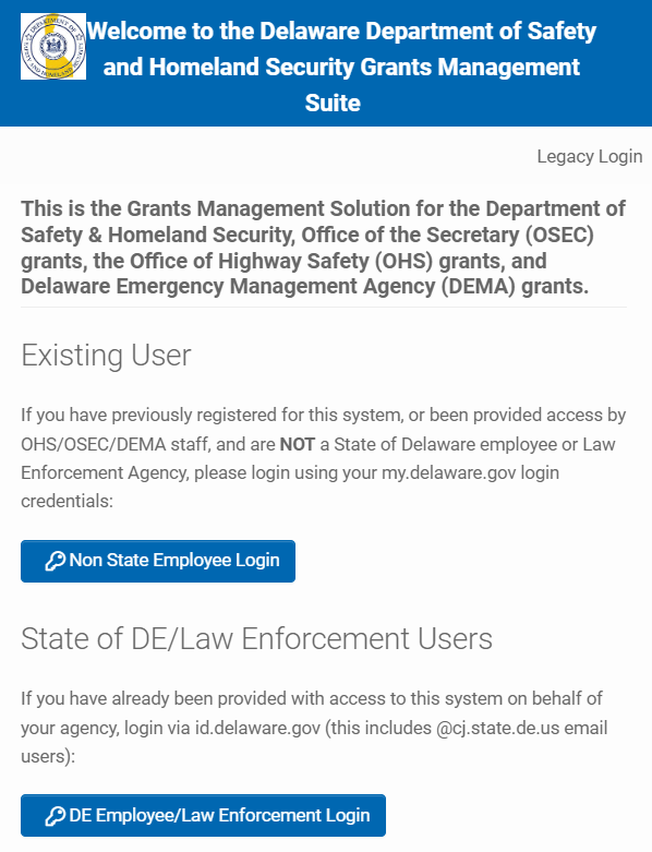 Delaware DSHS Online Waiver and Exemption login screen example for existing users and State of Delaware users.